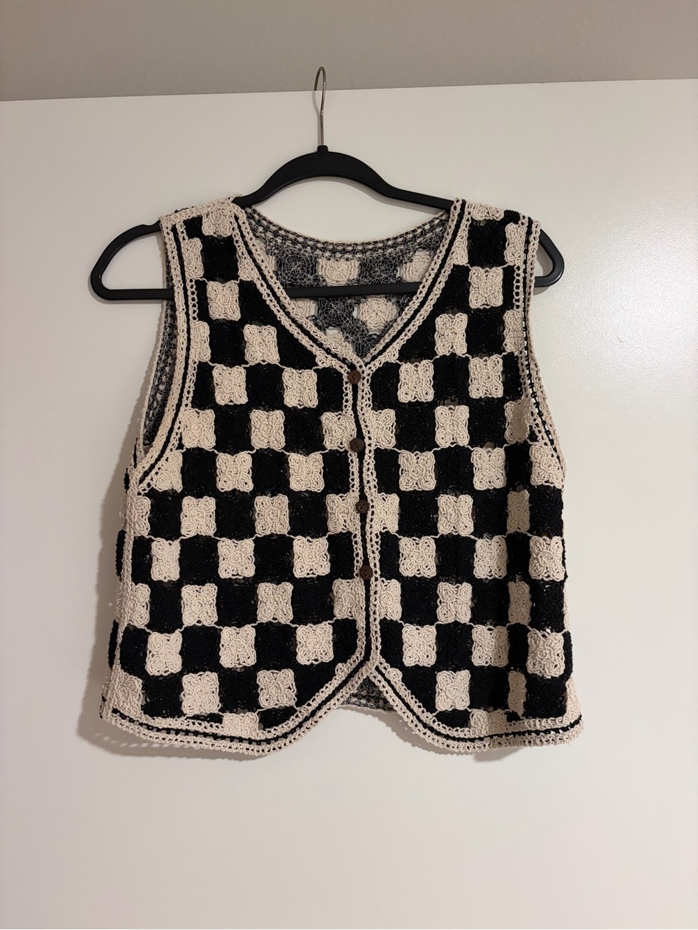 Vintage Black and Cream Crocheted Checkerboard Vest Sweater